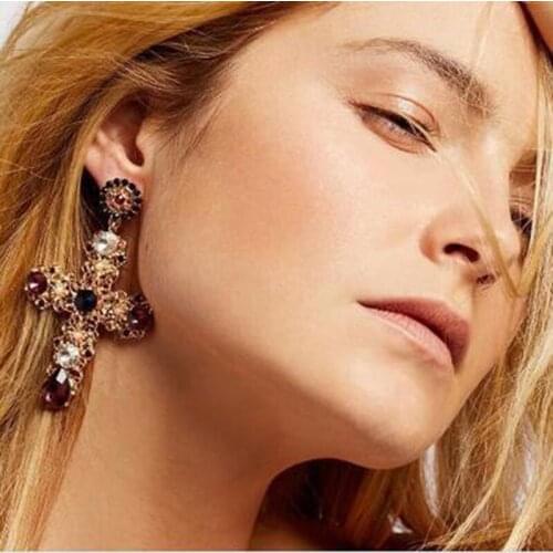 Vintage Boho Crystal Cross Drop Earrings for Women Baroque Bohemian Large Long Earrings Jewelry Brincos 2018