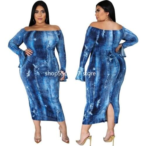 XL-5XL Plus Size African Women Long Sleeve Blue Dress African Clothes African Dresses for Women