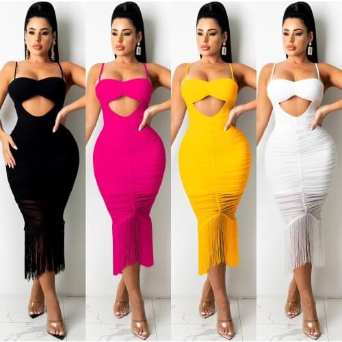 2021 Casual Women Dress Hollow Out Solid Color Streetwear Cut Out Bodycon Party Night Clubwear Dresses For Women Outfit