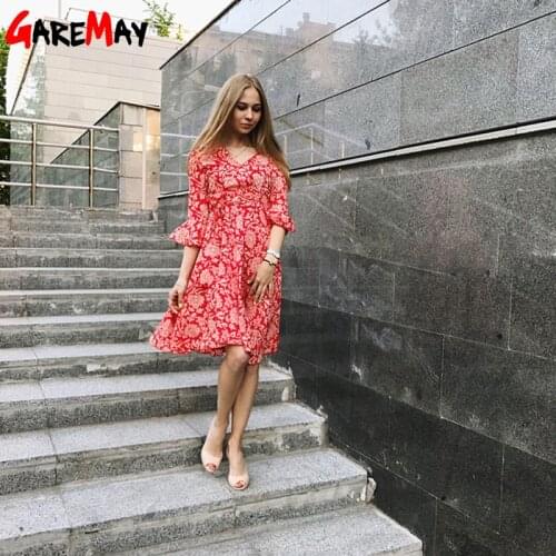 Garemay Autumn Beach Flower Print Swing A Line Women Dress Red Sexy Deep V Neck seven Sleeve Ruffles Knee length Ladies dresses