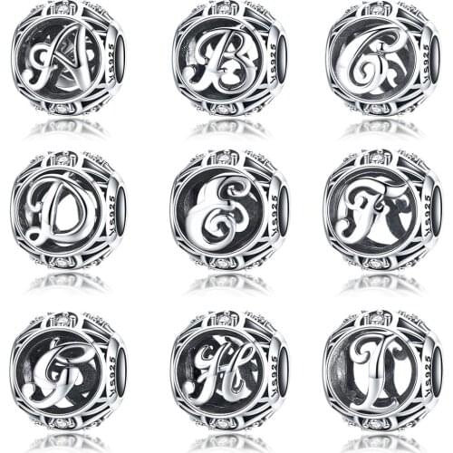 Auffik 26 alphabet retro beads A-Z fit original 3MM charm bracelet 925 sterling silver charms jewelry making gift