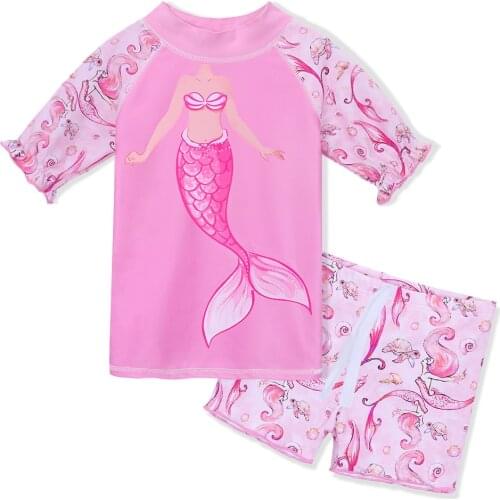 BAOHULU Girls Swimsuit 2 Piece Short Sleeves Kids Swimwear for Girls Pink Fish Flower Swimming Beach Costume 3-10 Years Girls