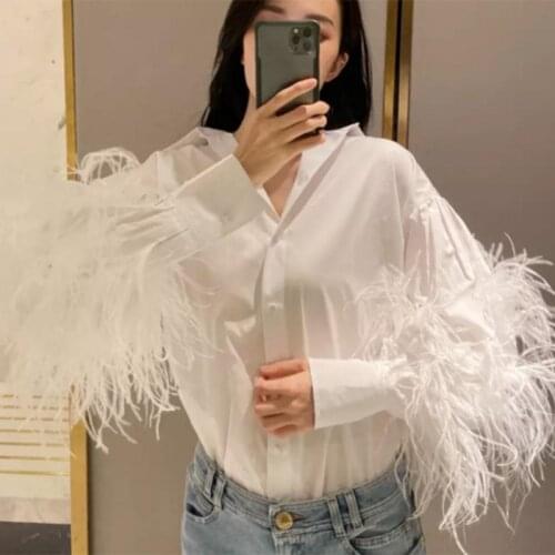 White Solid Shirt For Women Lapel Lantern Sleeve Female Fashion Casual Patchwork Feather Blouse New Clothing
