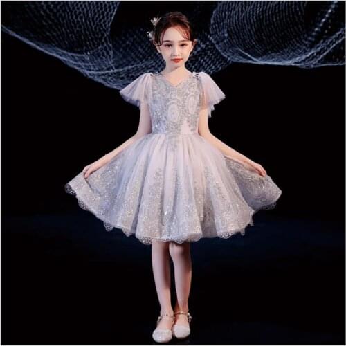 Sequin Tulle Flower Girl Dress Gray Lace Kids Wedding Princess Party Dress Birthday Formal Pageant Holy Communion Clothes