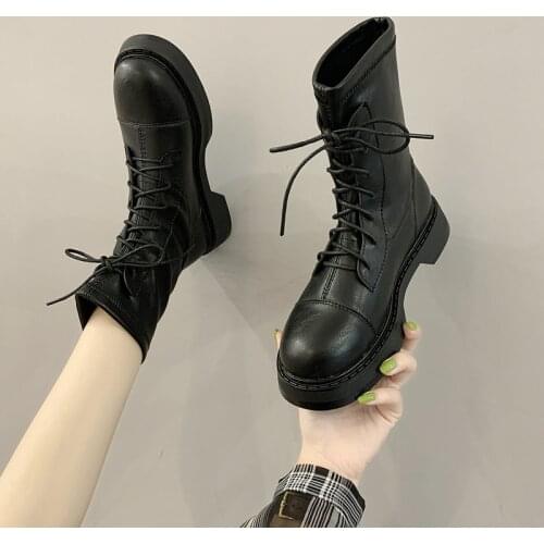 Womens Boots Autumn Lace Up Boots-women Fashion Womens Shoes 2020 Round Toe Booties Ladies Ankle Med Punk Lolita Rubber Rock
