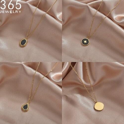 2021 New Fashion Design Black Stone Shape Gold Color Stainless Steel Necklace Single Chain For Women Jewelry Birthday Gifts