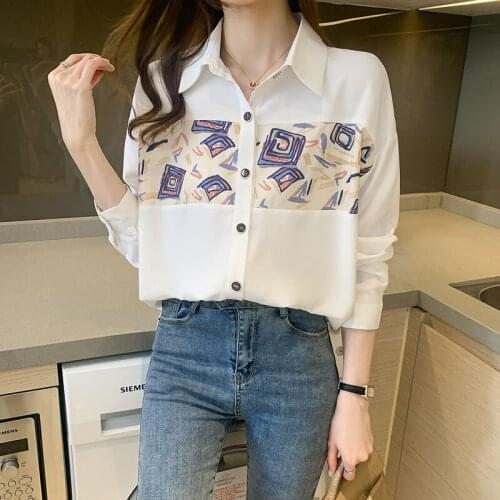 Chikichi 2021 Spring and Autumn New French Lapel Printed Tops Fashion Ladies Chiffon Shirts Long Sleeve Blouse