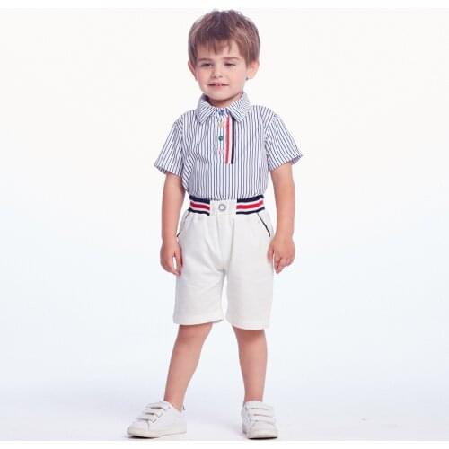 Childrens summer clothes striped short sleeve tops + white shorts clothing sets for kids baby boys party suits boys clothes
