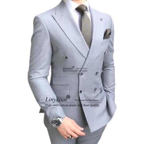 Double Breasted Slim fit Men Suits for Groomsmen 2 piece Wedding Tuxedo with Peaked Lapel Gray Man Fashion Costume Jacket Pants