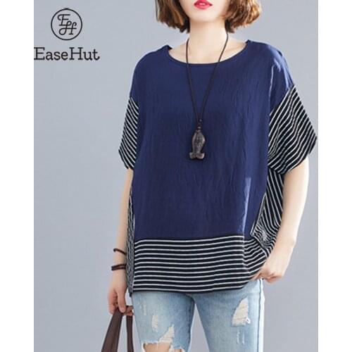EaseHut Women Stripes Splicinng T-Shirt O-Neck Short Sleeve Linen Loose Fit Plus Size Simple Casual Tops 2021 Summer