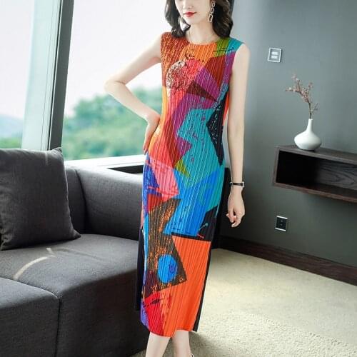 Geometric Print Miyak Slim Women Summer Sleeveless Vintage Elegant Casual Elastic Pleated Straight Tank Dress Female Clothes