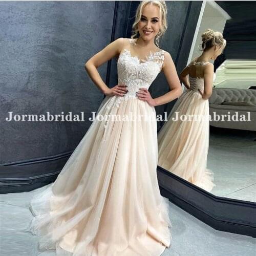 Jormabridal Champagne Boho Wedding Dresses With Hollow Back 2021 Exquisite Lace Appliques Corset Bodice Tulle Beach Bridal Gowns