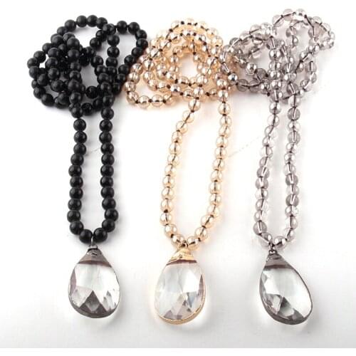 Fashion Bohemian Tribal Jewelry 8mm Glass Long Knotted Glass Drop Pendant Necklaces