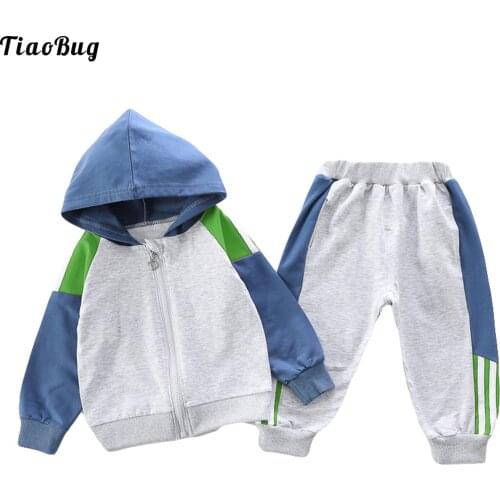 Fashion Spring Autumn 2Pcs Toddler Baby Boys Cotton SportWear Suit Hooded Zipper Hoodie Long Sleeves Patchwork Sweatshirt