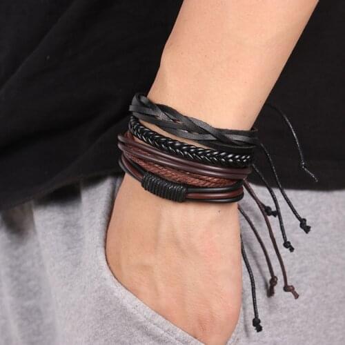 Mens Multilayer Leather Bracelet Black Brown Cowhide Woven Multilayer Wrap Fashion Jewelry Bracelets on Hand NEW