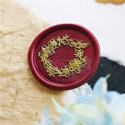 Wax Seal Stamp flower wreath bee Wax Stamp bee happy for wedding Sealling Wax Sellos Wood Handle stamps