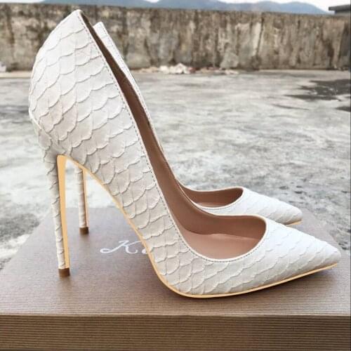 New Brand Shoes Women 12cm Super High Heels Pumps White Snakeskin Leather Stiletto Heel Single Shoes Womens Office Shoes Lady