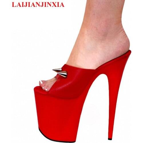 LAIJIANJINXIA New Luxury Party shoes 23 cm high heels sexy riveted nightclub high-heeled slippers pole dancing shoes