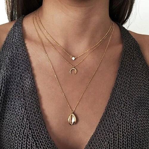Vintage Trendy Rhinestone Moon Metal Sea Shell Pendant Necklace Women Multilayer Geometric Beach Necklace Jewelry Kolye YN1494