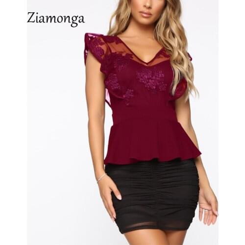 Ziamonga Sexy V Neck Vintage Ruffles Mesh Sequined Blouse Top Female Peplum Blouse Embroidery Lace Blouse Ladies Blusas Shirt