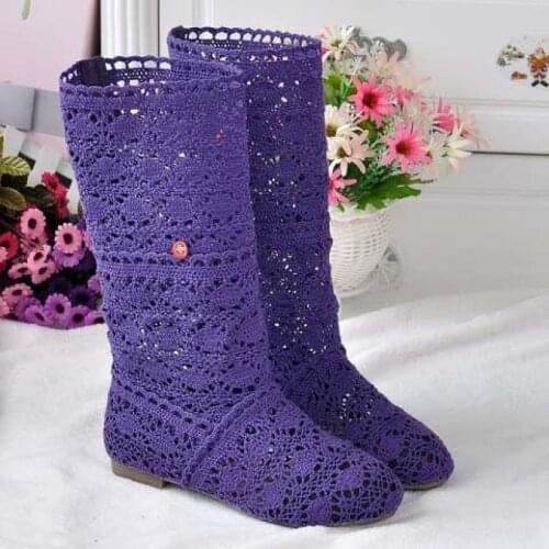 Hollow Womens Boots Breathable Knitted Net Boots High Tube Flat Single Boots Summer Sandals Lace Shoes Knee-length Womens Shoes