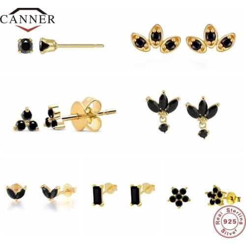 CANNER Real 925 Sterling Silver Small 5A Black CZ Zircon Stud Earrings for Women Piercing Earring Earings Jewelry Pendientes