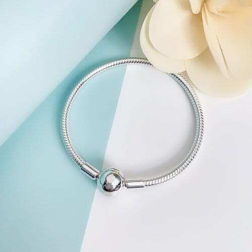 Authentic 925 Sterling Silver Pan Bracelet Classic Snake Bone Classic Platinum Button Base Chain Fit Charm Women Jewelry