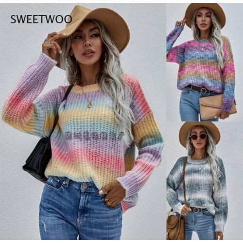 Tiedye Knit Long Sleeve Sweater Jumpers Women Casual O-Neck Rainbow Sweater Pullovers 2021 Fashion Autumn Winter Sweet Sweater