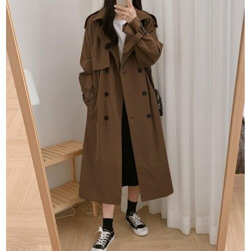 Vintage Black Womens Plus Size Trench Coat Korean Chic Midi Length Coat With Belt Loose Wild Windbreaker Female 2021 Spring New