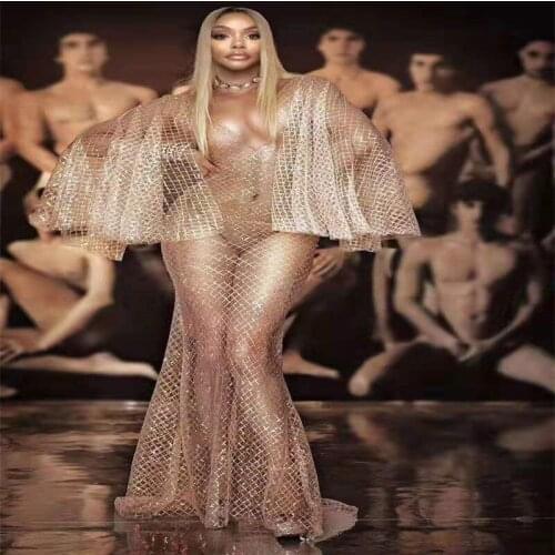 Y84 Singer white mesh sequins long dress shining bat sleeve dress female see through evening dress perforamnce wear party wears