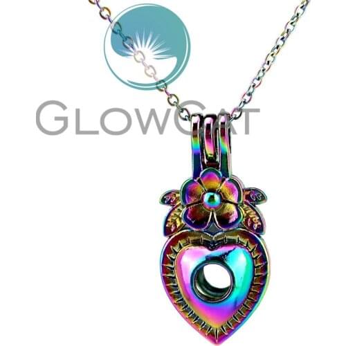 CC879 Rainbow Heart Flower Beads Cage Pendant Aroma Essential Oil Diffuser Oyster Pearl Cage Locket Necklace Party Gift