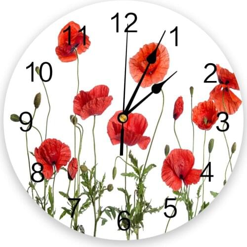 Red Corn Poppy Silent Decorative Wall Clock Digital Clock Operated Round Home Office School Clocks