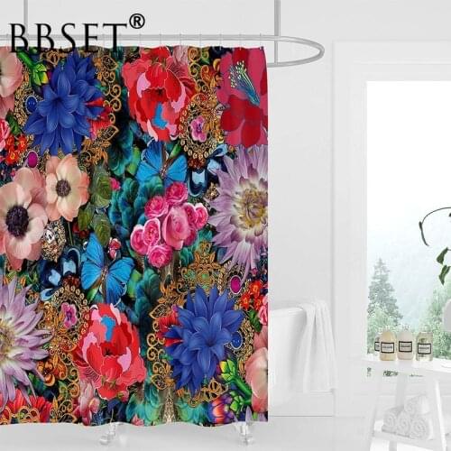 Boho Floral Shower Curtain Colorful Flower with European Lace Gem Pattern Waterproof Multi-size Douchegordijn Bathroom Decor
