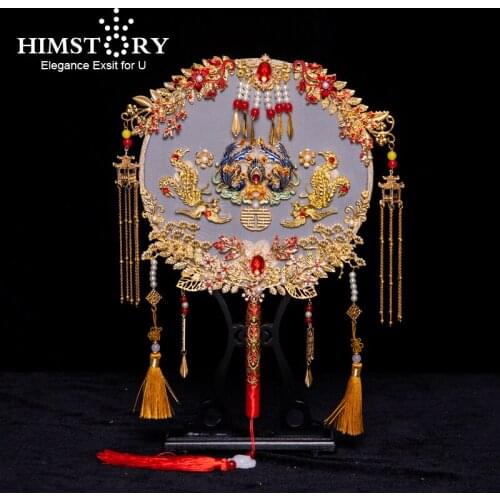HIMSTORY Luxury Chinese Gold Draggon and Phoenix Bridal Fans Bouquets Classic Handmade Tassel Gift Wedding Hand Accessories