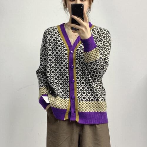 Korobov Korean V Neck Long Sleeve Cardigans Women Japanese Hit Color Patchwork Plaid Sweater Vintage Button Knit Cardigan