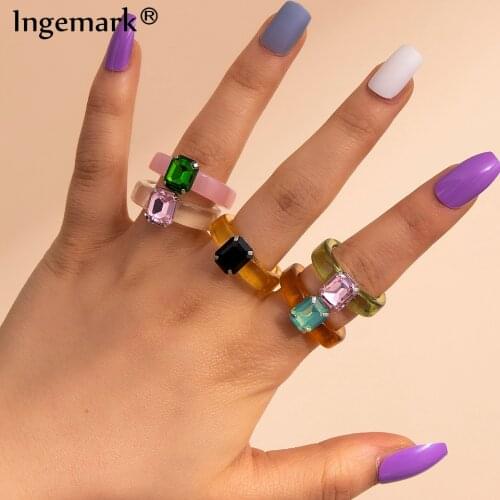 Fashion Acrylic Colorful Rectangle Rhinestone Rings for Women Big Transparent Finger Ring Girls Vintage Female Beautiful Jewelry