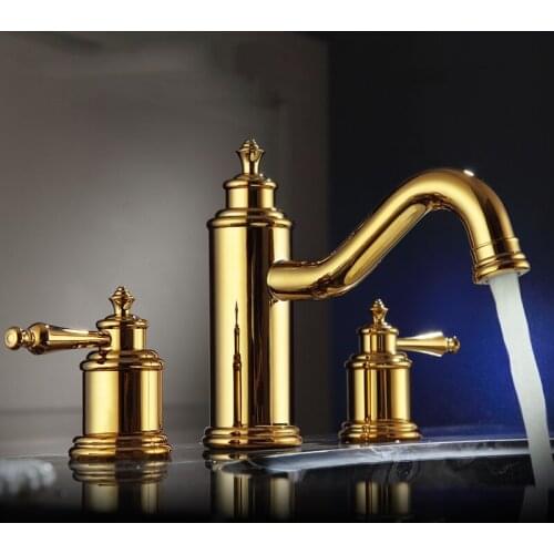 Best Luxury gold brass Double handle three holes Widespread Bathroom Sink Faucet high quality Basin Vanity Mixer Tap
