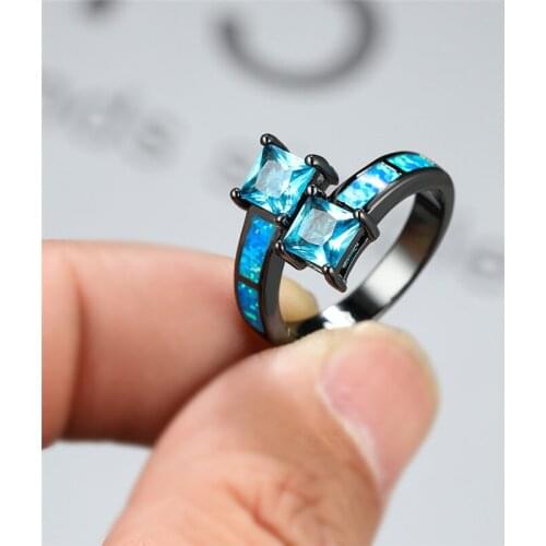 Small Square Aqua Blue Zircon Engagement Ring Luxury Female Blue Fire Opal Ring Fashion 14KT Black Gold Wedding Rings For Women