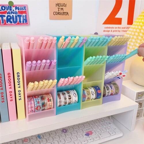 Small Big Size Macaron Color 4 Grid Oblique Pen Holder Desktop Pens Brushes Lipsticks Makeups Storage Box School Stationery