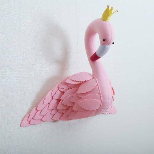 Cute Handmade Pink Crown Swan Wall Decor Stuffed Doll Toys 3D Animal Head Toy Wall Hanging Flamingo Decor Baby Room Wall Artwork