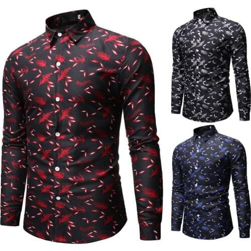 Mens Shirt Long Sleeved Turn Down Collar Cardigan Shirt with Floral Printing Casual Slim Type Single-Breasted Tops