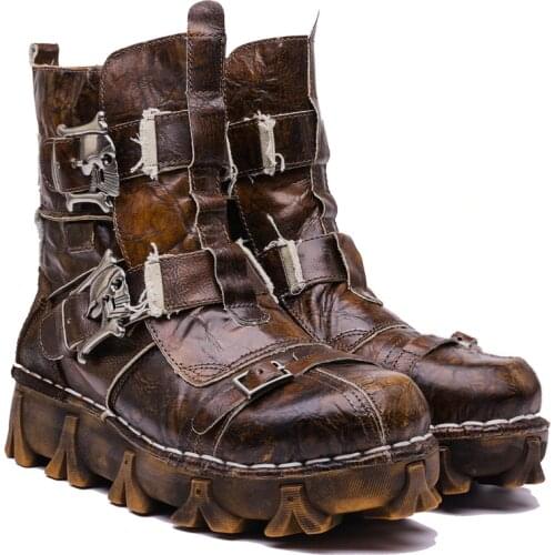 Mens Vintage & Unique Look Genuine Leather Ankle Motorcycle Military Combat Boots with Skull