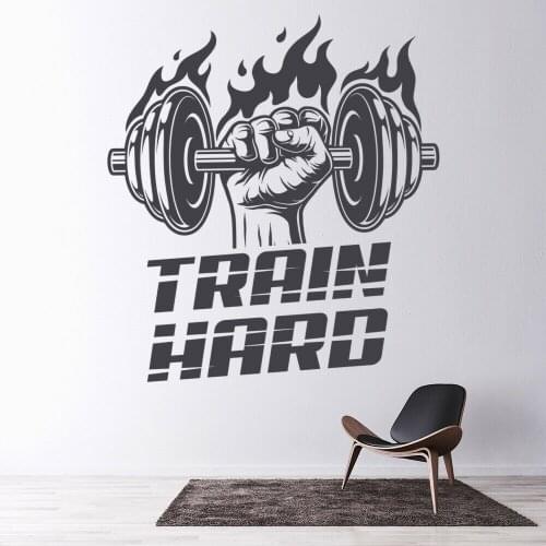 Gym Quotes Wall Stickers Vinyl dumbbell Train Hard Bodybuilder Gym Decor Wall Sticker Removable Boys Bedroom Decoration Z609
