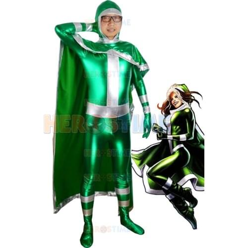 New X-men Rogue Superhero Costume Green shiny metallic halloween cospaly costume for men fullbody show zentai suit