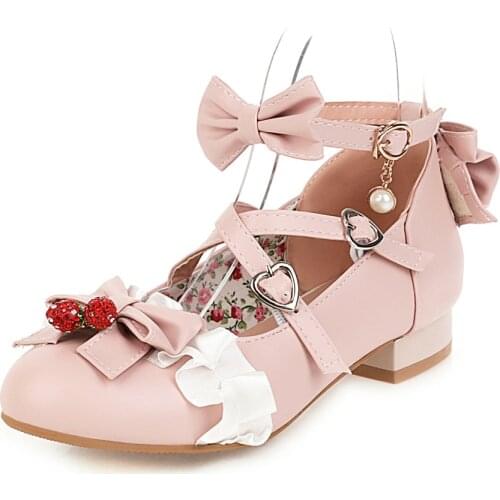 Lolita Shoes Japanese College Students Girls Round Toe Buckle Straps Bow Pumps JK Commuter Uniform Lovelive PU Leather Shoes