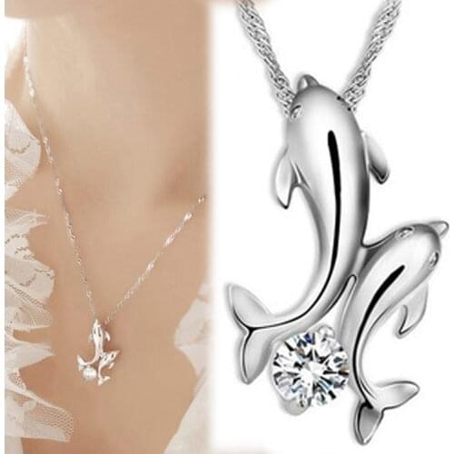 Cute Silver Color Double Dolphin Rhinestone short-chain Necklace Women Fashion Jewelry Wholesale
