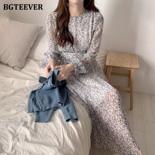 BGTEEVER Soft Vintage O-neck Ladies Floral Print Mid-length Dress Spring Vestidos Elastic Waist Lace-up Female A-line Dress 2021