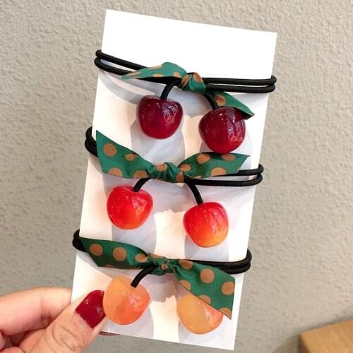 New Bow-Knot Green Ribbon Cherry Hair Ties Female Ponytail Tying Rubber Band Sweet Girls High Elastic Head Rope Hair Accessory