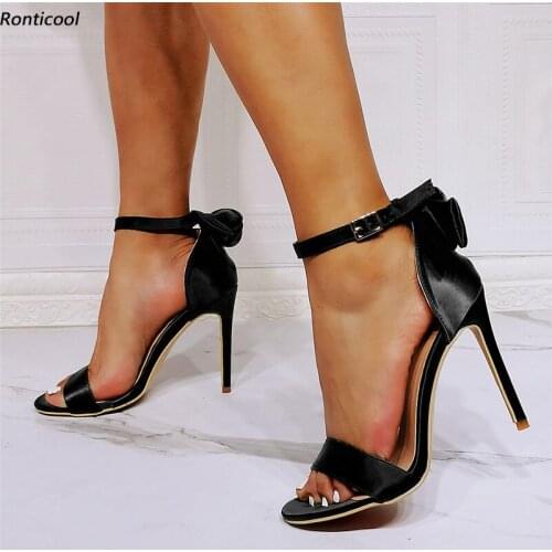 Ronticool Handmade Women Ankle Strap Sandals Knot Satin Stiletto Heel Open Toe Black Grey Blue Green Dress Shoes US Size 5-15