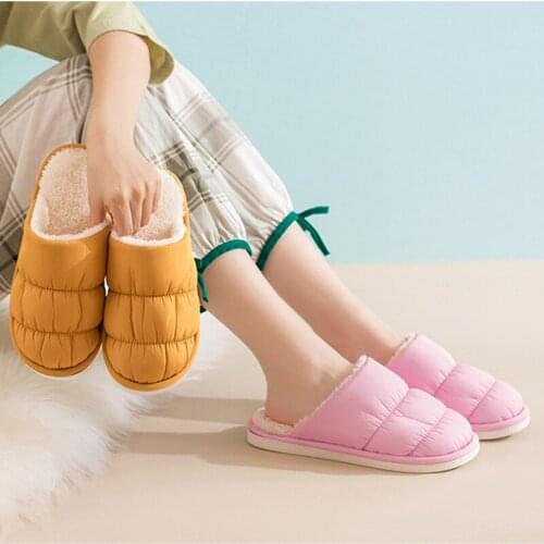 Womens Fur Slides Plush Ladies Home Slippers Household Winter Couples Indoor Warm Down Floor Cotton Shoes Female Flip Flops